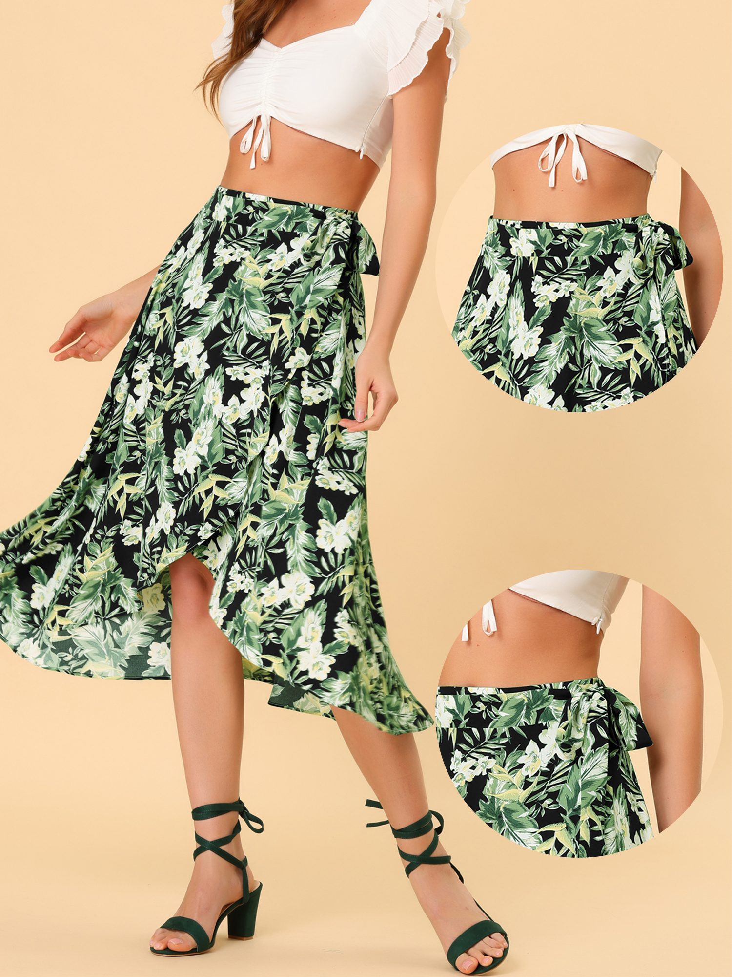 Unique Bargains Floral Skirt for Women's Hawaiian Tropical Boho Wrap Midi Skirt