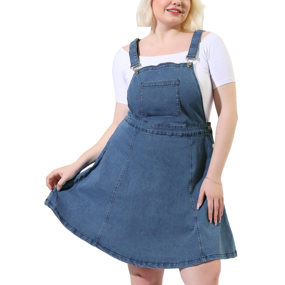 Unique Bargains Plus Size Suspender Skirt for Women Jeans Adjustable Strap Denim Overall Dress
