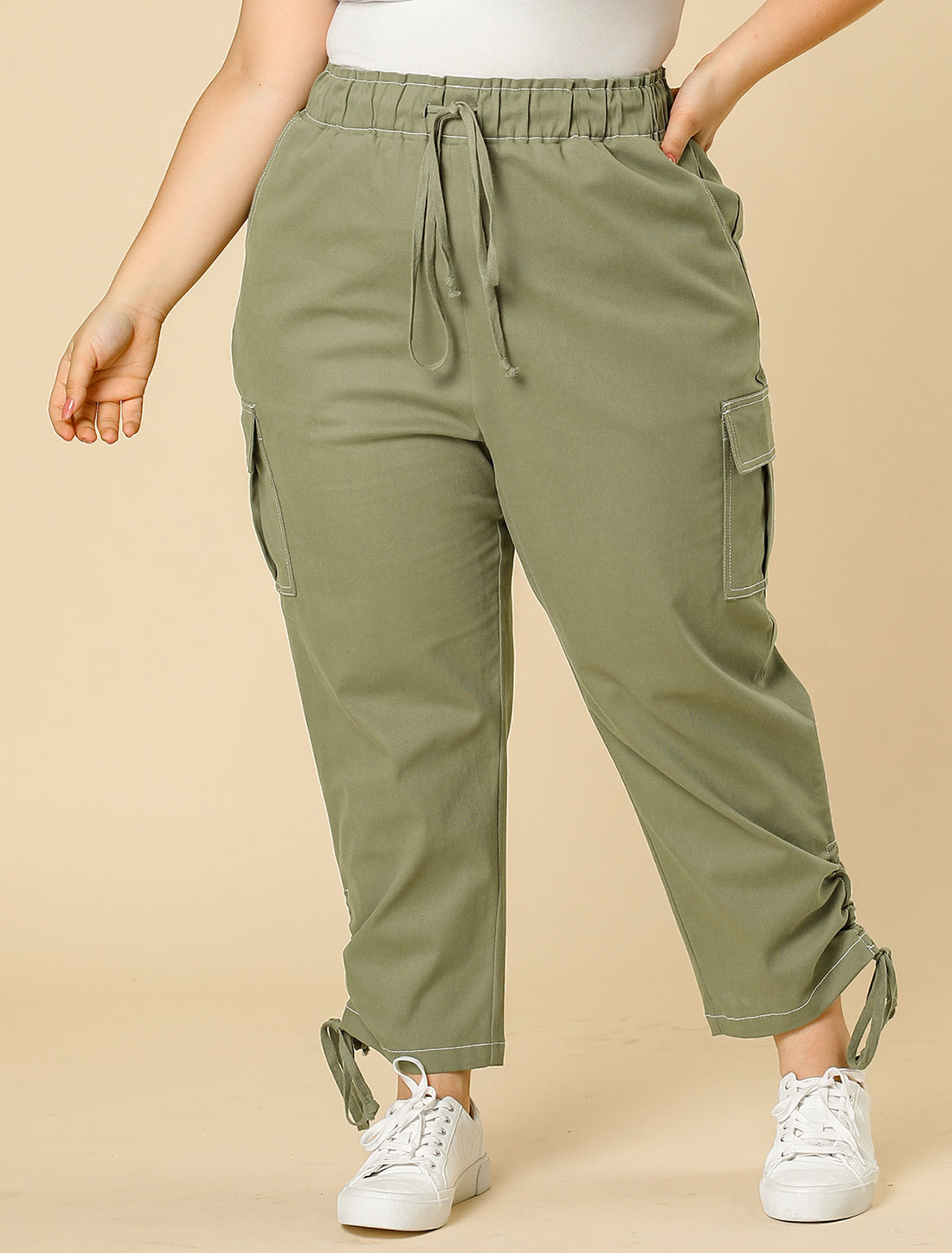 Unique Bargains Agnes Orinda Women's Plus Size Drawstring Elastic Waist Cargo Pants with Pockets