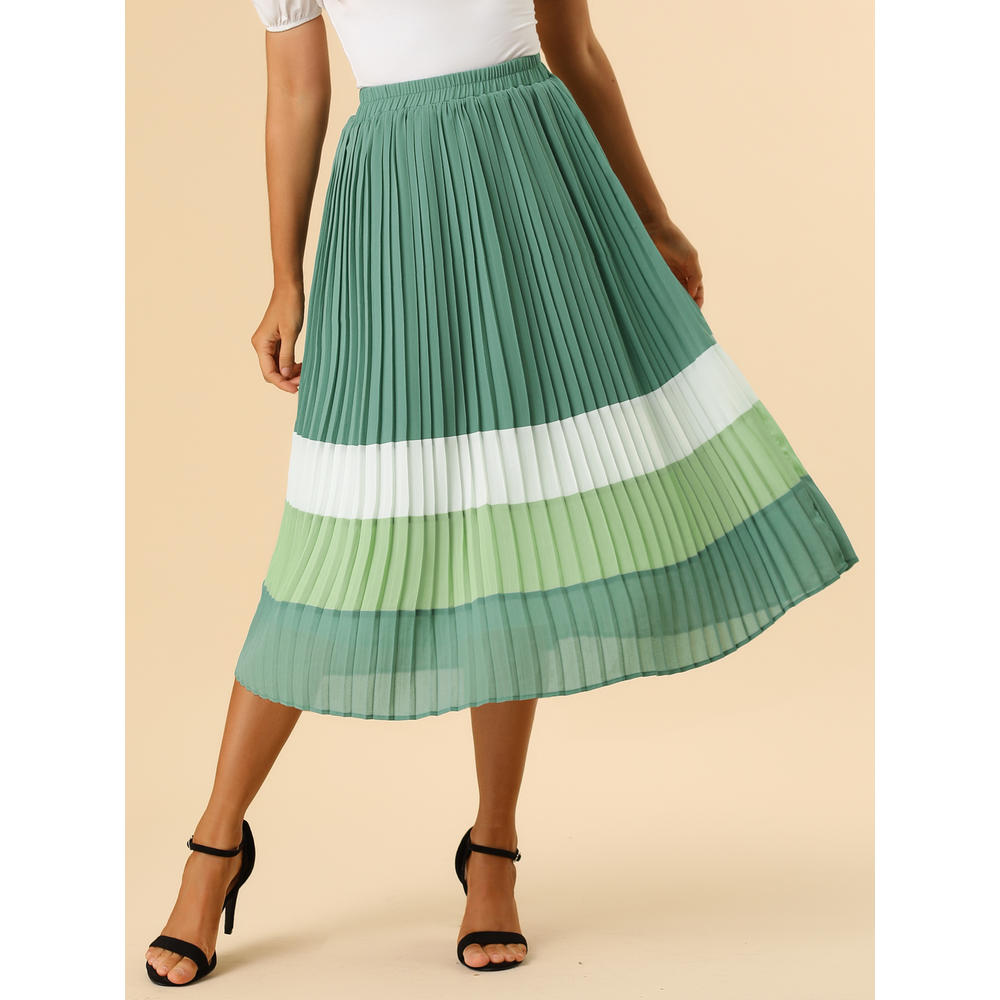 Unique Bargains Allegra K Women's Color Block  A-Line Pleated Midi Skirt