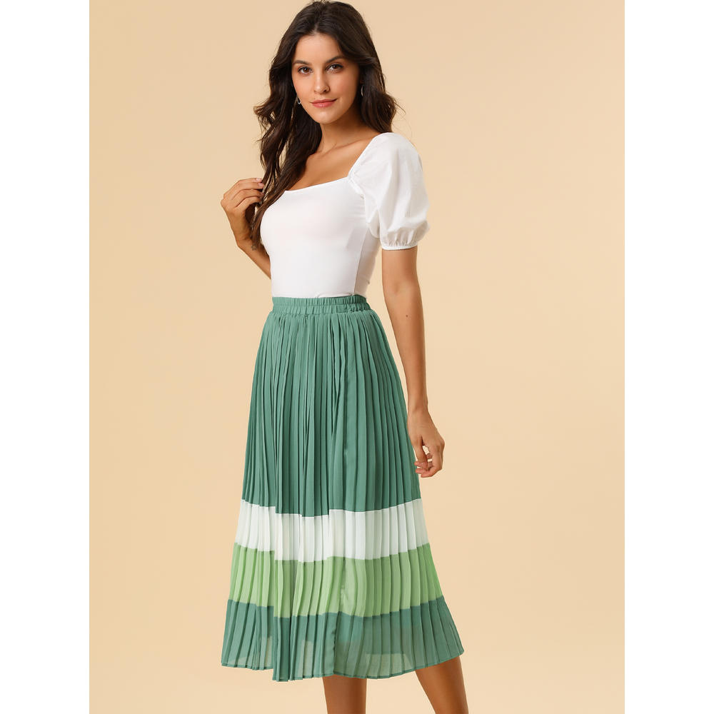 Unique Bargains Allegra K Women's Color Block  A-Line Pleated Midi Skirt
