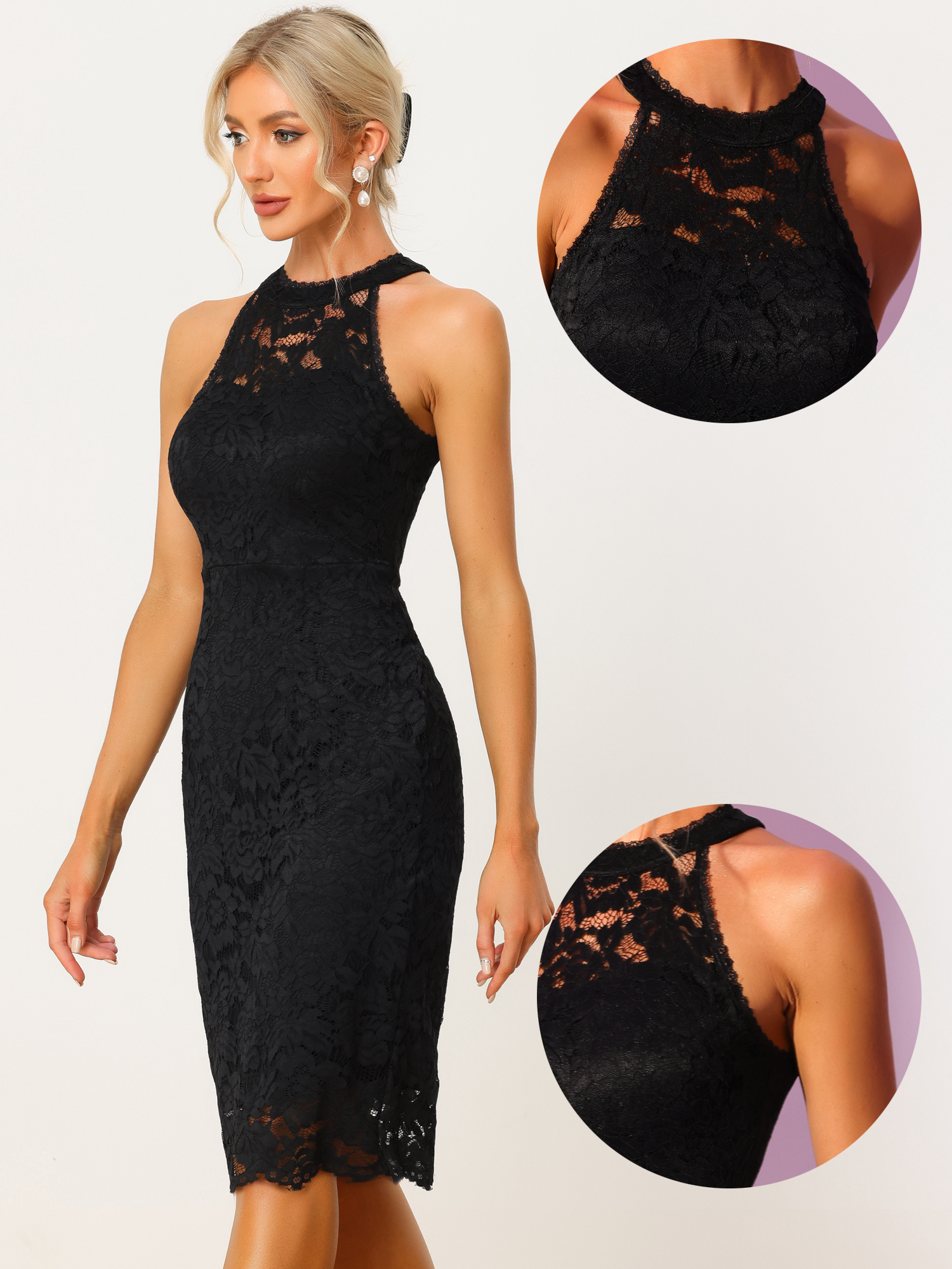 Unique Bargains Elegant Lace Dress for Women’s Halter Neck Sleeveless Bodycon Cocktail Sheath Dress