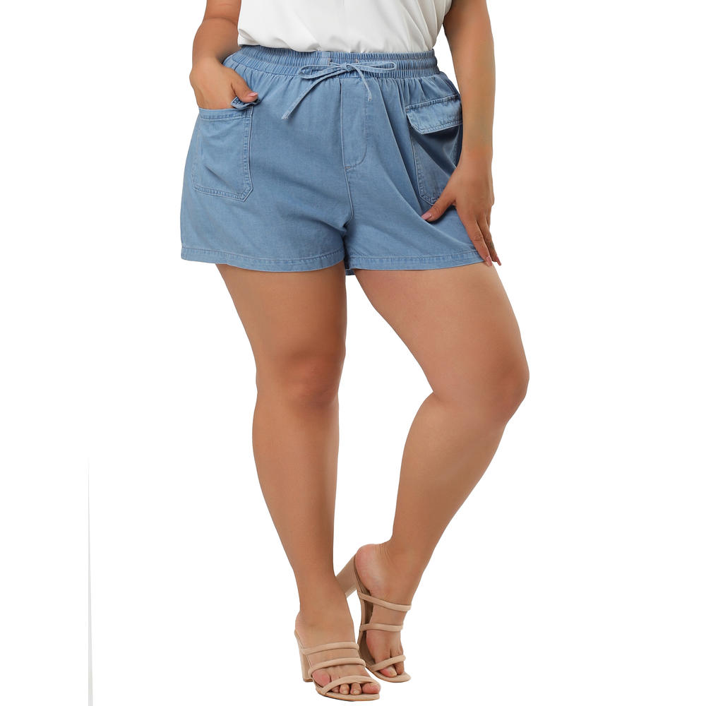 Unique Bargains Agnes Orinda Women's Plus Size Drawstring Elastic Waist Denim Shorts