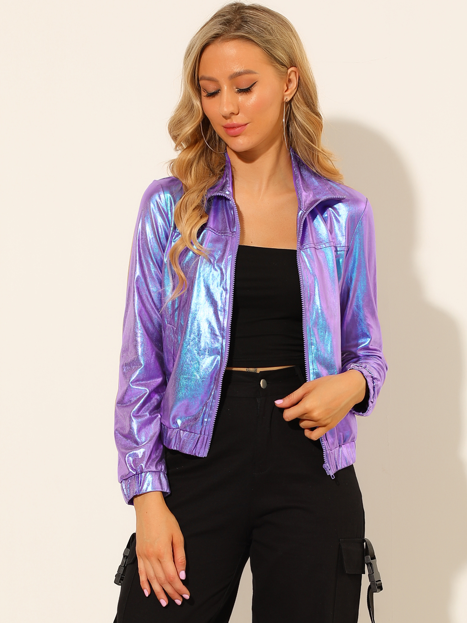 Unique Bargains Allegra K Women's Track Jacket Holographic Shiny Long Sleeve Metallic Zip Front Jacket