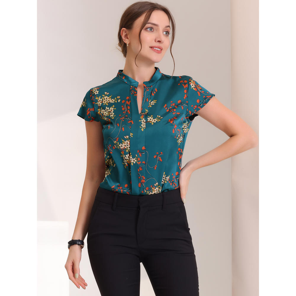 Unique Bargains Satin Blouse for Women's Stand Collar Floral Silky Work Blouse