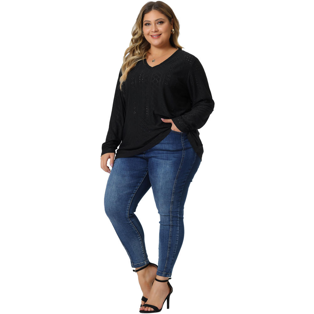 Unique Bargains Plus Size Tunic Tops for Women V Neck Long Sleeve Hollowed T-Shirt Blouse Tunic Tops 2023