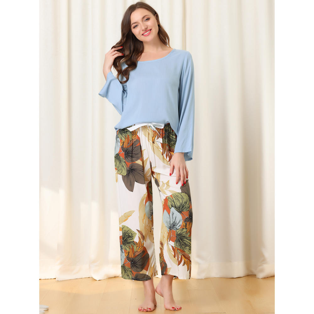 Unique Bargains cheibear Womens 2pcs Long Sleeve Capri Pants Floral Lounge Set Sleepwear Pajama Sets