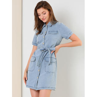 allegra k denim dress Allegra K Women's Denim Dress Button Down Collar V Neck Long Sleeve A-line Cotton Jean Dress X-Small Black at Amazon Women's Clothing store
