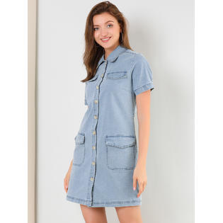 Unique Bargains Allegra K Women's Denim Belted Full Placket Jean Dresses with Pockets Blue M Unique Bargains Allegra K Women's Denim Belted Full Placket Jean Dresses with Pockets Blue M