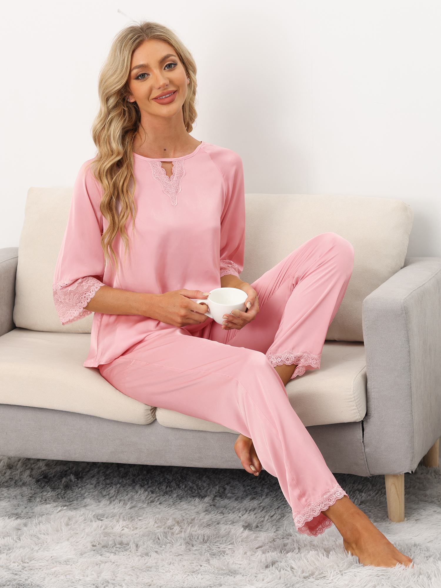 Unique Bargains cheibear Womens Satin Sleepwear 3/4 Sleeves Lounge with Pants Nightwear Pajama Set
