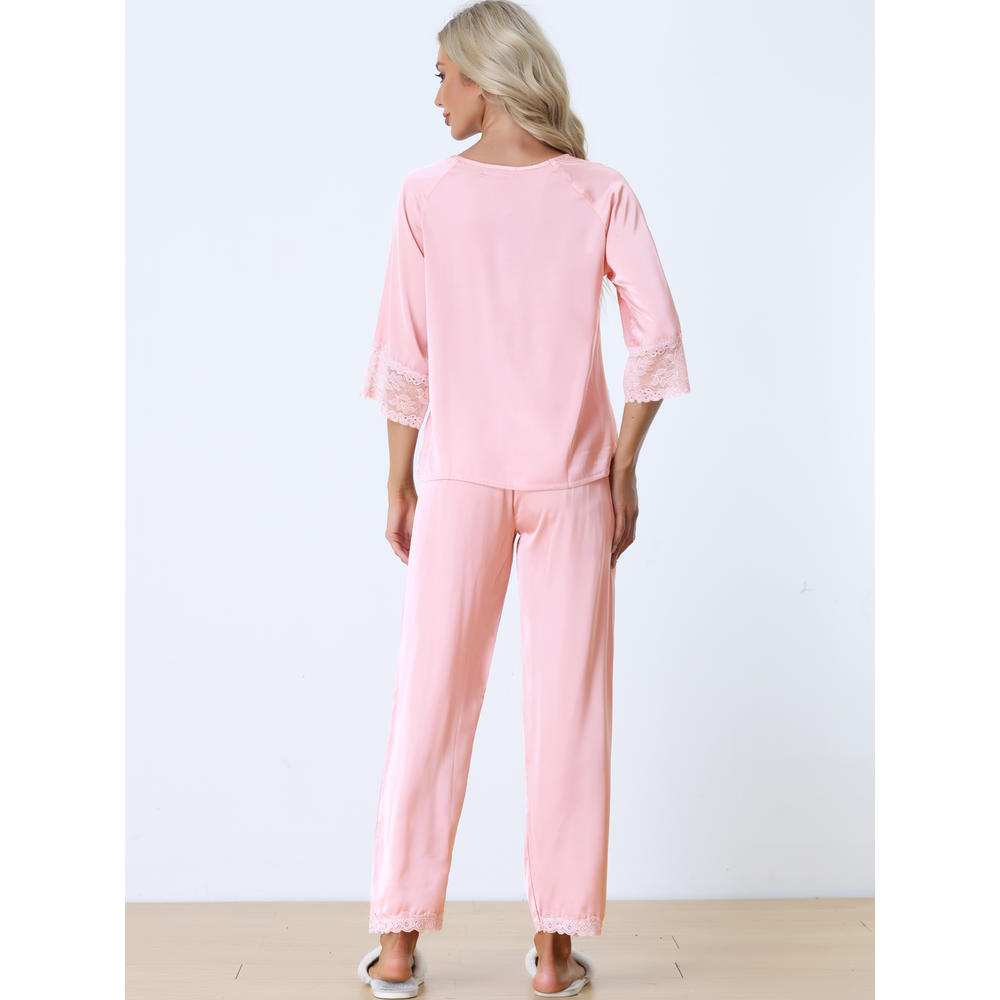 Unique Bargains cheibear Womens Satin Sleepwear 3/4 Sleeves Lounge with Pants Nightwear Pajama Set
