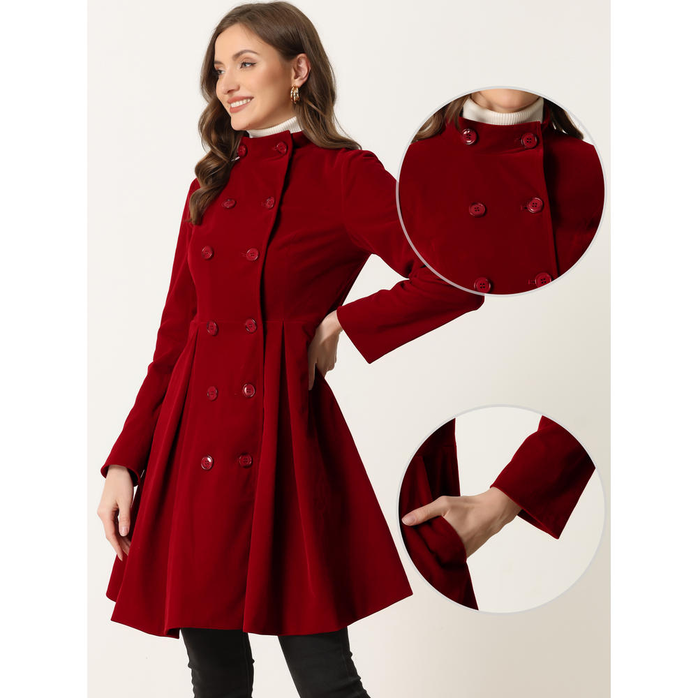 Unique Bargains Velvet A-Line Coat for Women's Stand Collar Double Breasted Winter Trench Coats