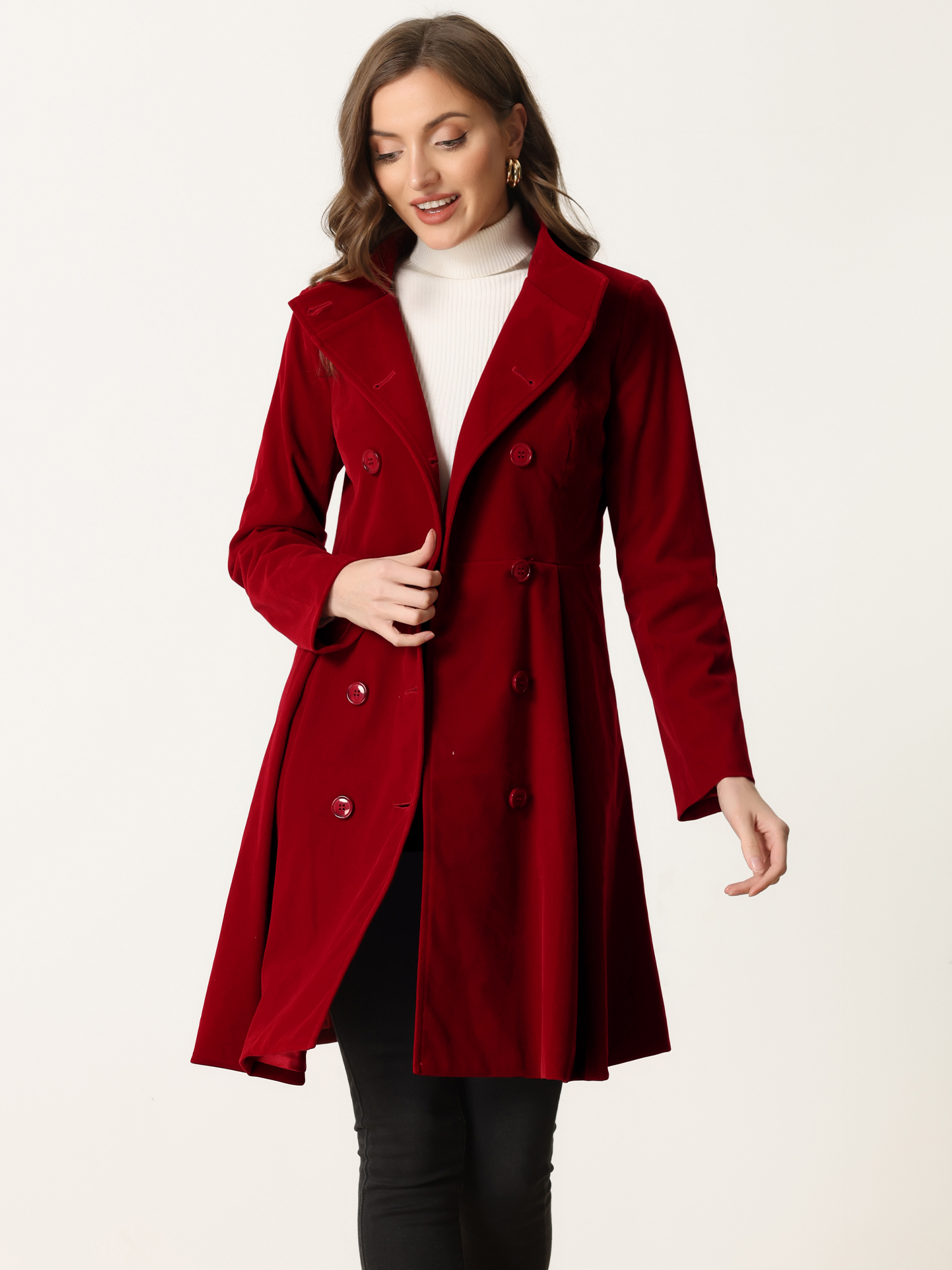 Unique Bargains Velvet A-Line Coat for Women's Stand Collar Double Breasted Winter Trench Coats