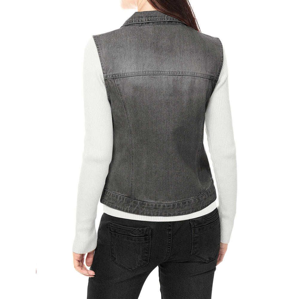 Unique Bargains Allegra K Ladies Buttoned Washed Denim Vest w Flap Pockets