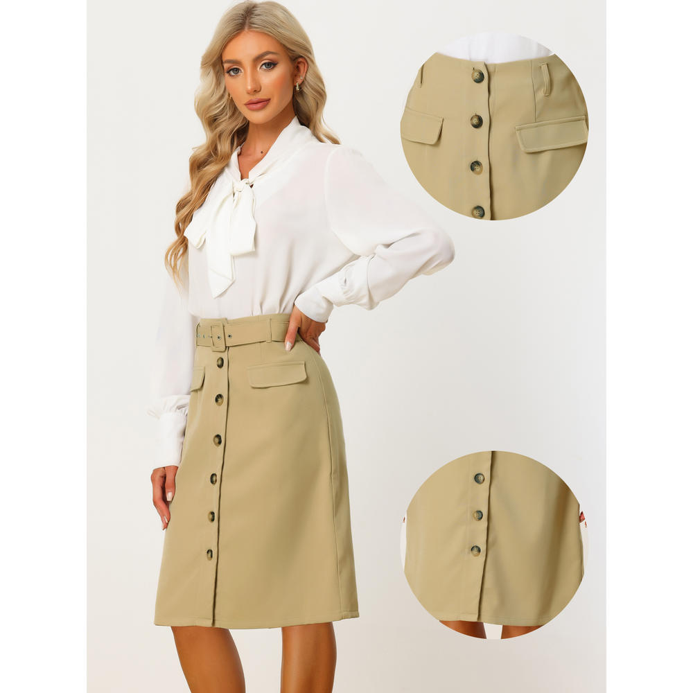 Unique Bargains Button Front Skirt for Women's Belted Casual Work Straight Skirt