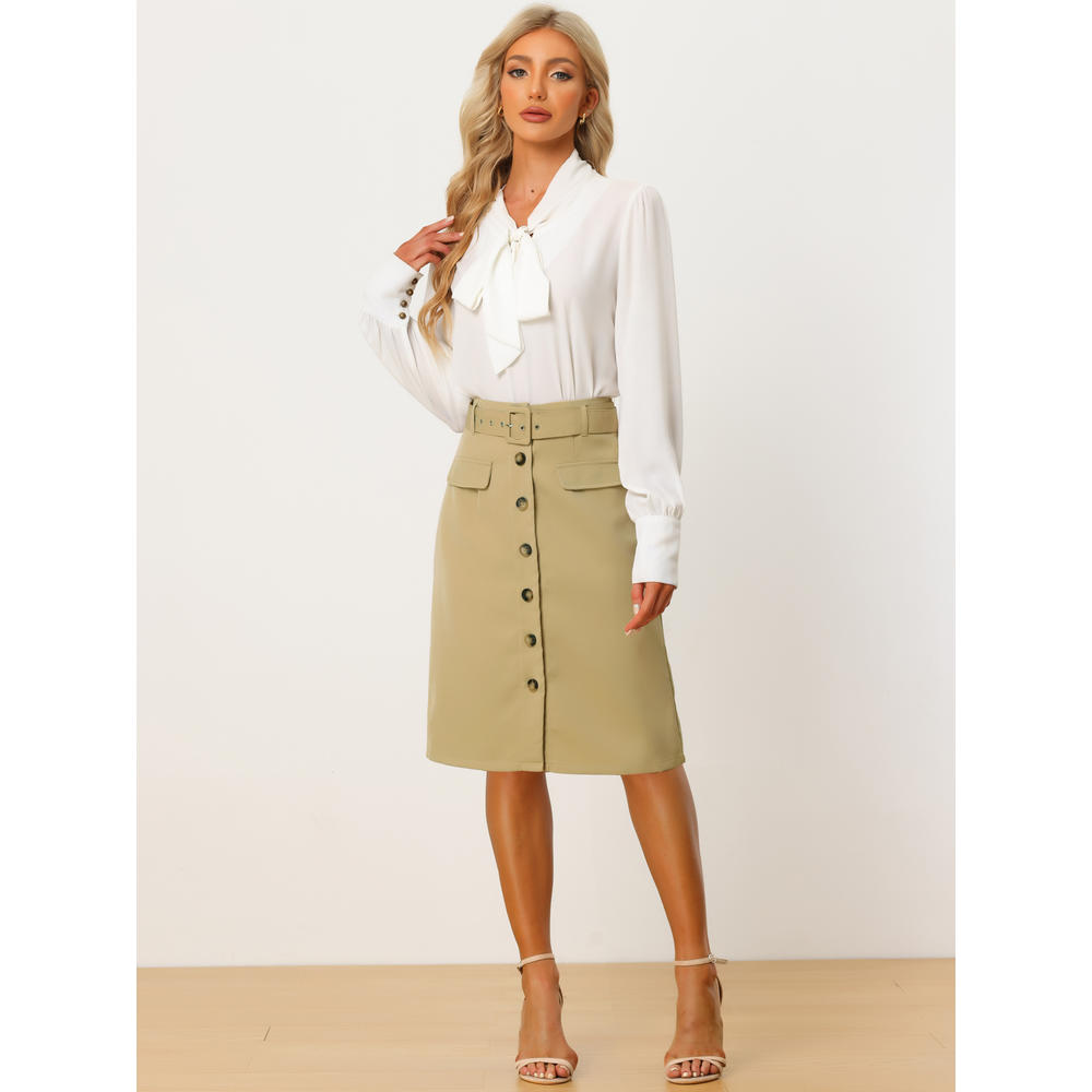 Unique Bargains Button Front Skirt for Women's Belted Casual Work Straight Skirt