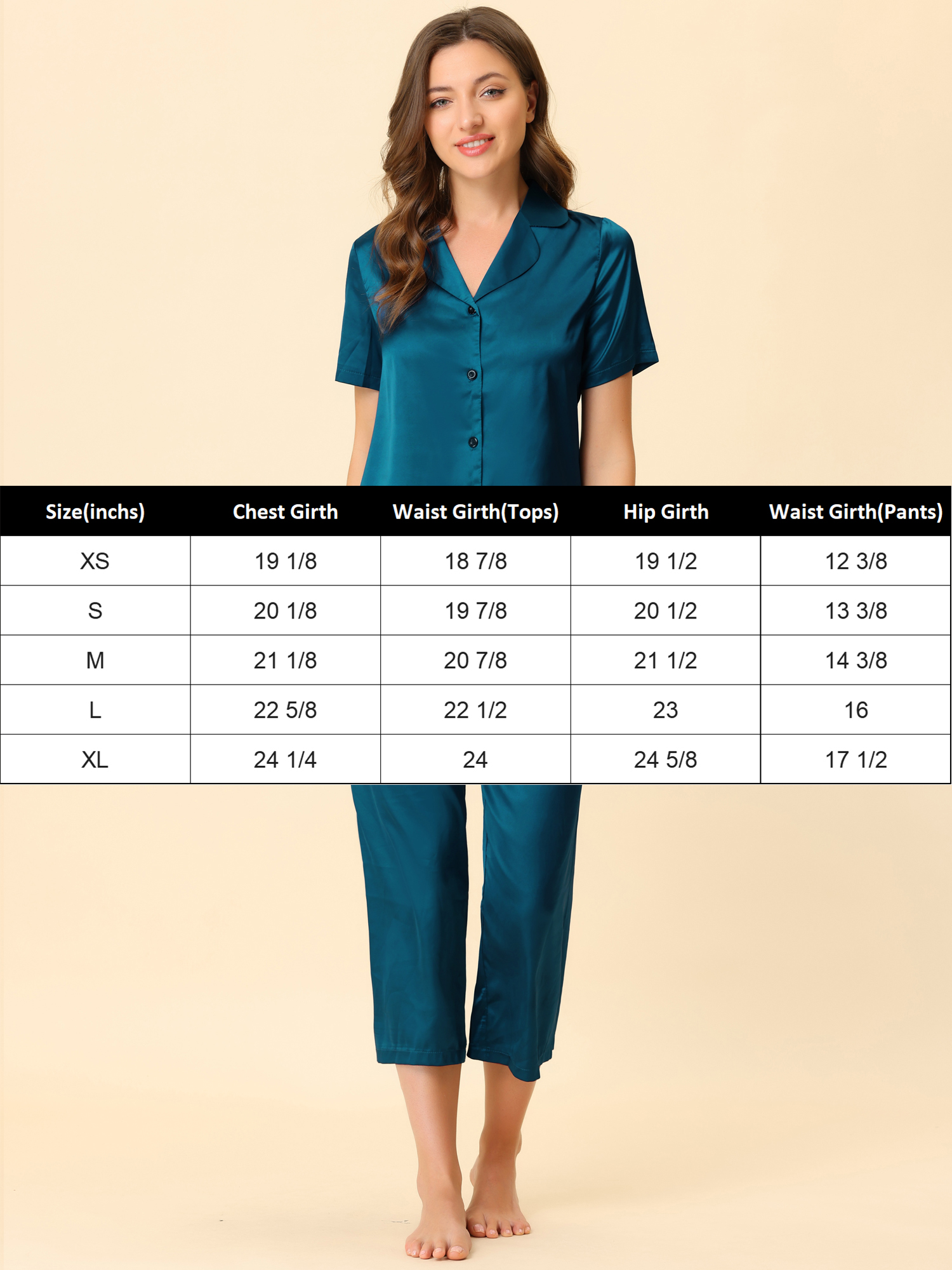 Unique Bargains Allegra K Women's Pajama Loungewear Tops and Capri Pants Satin Sets