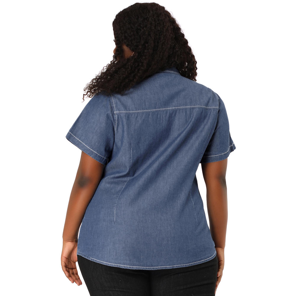 Unique Bargains Women's Plus Size Short Sleeve Button Down Denim Shirts