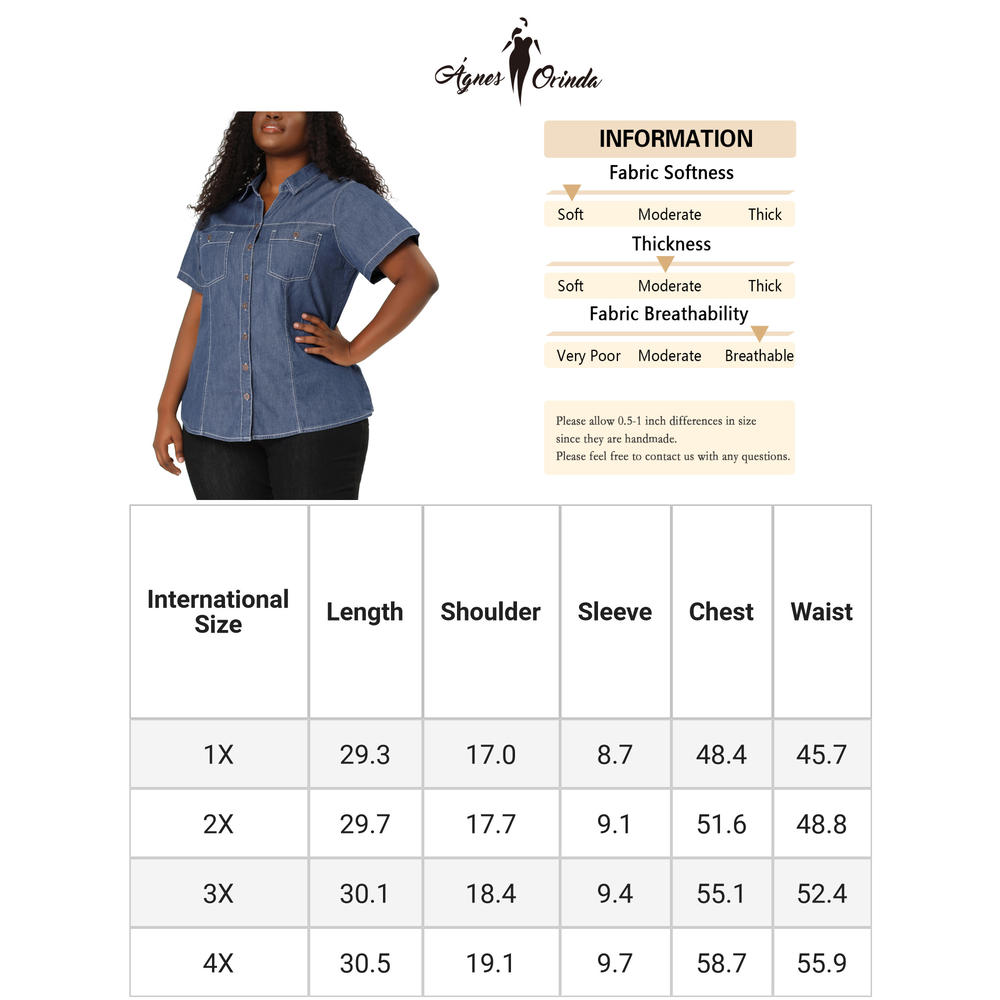 Unique Bargains Women's Plus Size Short Sleeve Button Down Denim Shirts