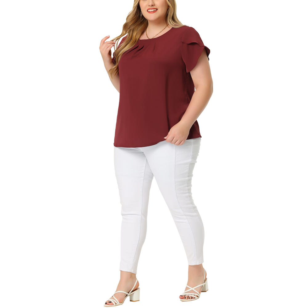 Unique Bargains Agnes Orinda Plus Size Tops for Women Work Office Casual Round Neck Basic Pleated Top Tulip Sleeves Blouse