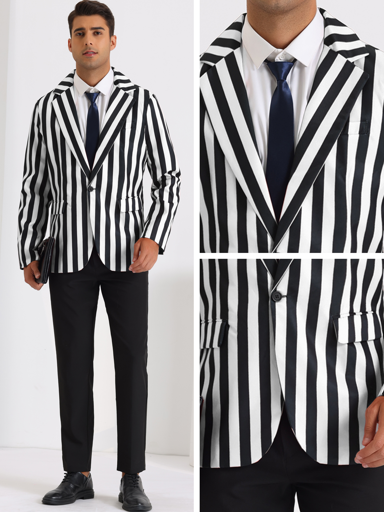 Unique Bargains Stripes Blazers for Men's Slim Fit Single Breasted Business Color Block Sports Coat