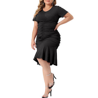Unique Bargains Plus Size Dress for Women Ruffle Hem V Neck Short Sleeve Sequin Ruched Dresses Black 4X Unique Bargains Plus Size Dress for Women Ruffle Hem V Neck Short Sleeve Sequin Ruched Dresses Black 4X