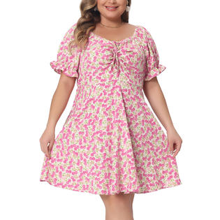Unique Bargains Plus Size Dress For Women Summer Sweetheart Neck Puff Short Sleeve Tie Midi Floral Dresses Hot Pink 1X Unique Bargains Plus Size Dress For Women Summer Sweetheart Neck Puff Short Sleeve Tie Midi Floral Dresses Hot Pink 1X