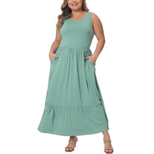 Unique Bargains Plus Size Dress for Women Summer Sleeveless Loose Maxi Dress Casual Tiered Long Dress with Pockets Mint Green 3X Unique Bargains Plus Size Dress for Women Summer Sleeveless Loose Maxi Dress Casual Tiered Long Dress with Pockets Mint Green 3X