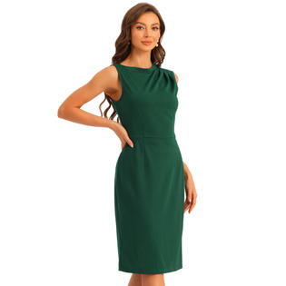 Unique Bargains Business Casual Dress for Women's Crew Collar Pleated Front Sleeveless Knee Length Sheath Dress Dark Green S Unique Bargains Business Casual Dress for Women's Crew Collar Pleated Front Sleeveless Knee Length Sheath Dress Dark Green S