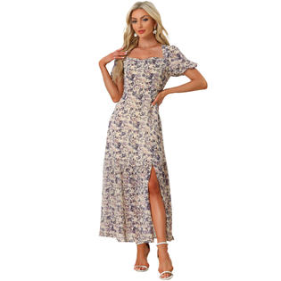 Unique Bargains Women's Floral Smocked Square Neck Ruffle Beach Boho Maxi Dress Unique Bargains Women's Floral Smocked Square Neck Ruffle Beach Boho Maxi Dress