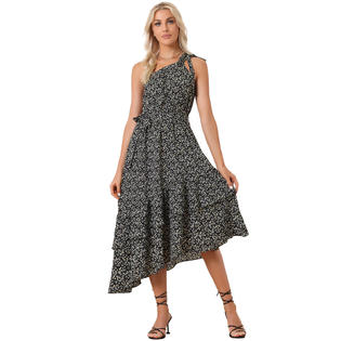 Unique Bargains One Shoulder Floral Dresses for Women's Tie Knot Sleeveless Layered Tiered Midi Dress Black S Unique Bargains One Shoulder Floral Dresses for Women's Tie Knot Sleeveless Layered Tiered Midi Dress Black S