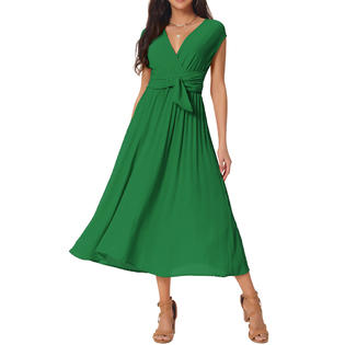 Unique Bargains Women's Casual Sleeveless Wrap V Neck Flowy Ruffle Pleated Midi Dress with Belt Green S Unique Bargains Women's Casual Sleeveless Wrap V Neck Flowy Ruffle Pleated Midi Dress with Belt Green S