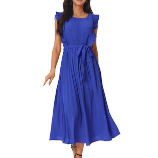 Unique Bargains Women's Casual Midi Dress Ruffle Sleeveless Crewneck Pleated Flowy Belted Dresses Royal Blue M Unique Bargains Women's Casual Midi Dress Ruffle Sleeveless Crewneck Pleated Flowy Belted Dresses Royal Blue M