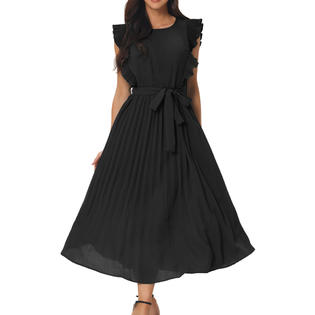 Unique Bargains Women's Casual Midi Dress Ruffle Sleeveless Crewneck Pleated Flowy Belted Dresses Black S Unique Bargains Women's Casual Midi Dress Ruffle Sleeveless Crewneck Pleated Flowy Belted Dresses Black S