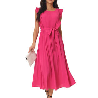 Unique Bargains Women's Casual Midi Dress Ruffle Sleeveless Crewneck Pleated Flowy Belted Dresses Unique Bargains Women's Casual Midi Dress Ruffle Sleeveless Crewneck Pleated Flowy Belted Dresses