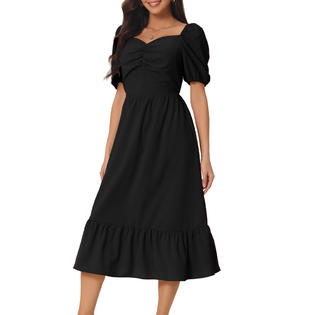 Unique Bargains Women's Summer Dresses Casual Flowy Beach Square Neck Puff Short Sleeve Smocked Back Midi Dress with Pockets Black S Unique Bargains Women's Summer Dresses Casual Flowy Beach Square Neck Puff Short Sleeve Smocked Back Midi Dress with Pockets Black S