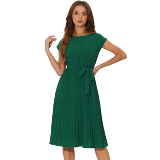 Unique Bargains Women's Pleated Dress Crew Neck Sleeveless Tie Waist A-Line Dresses Green XL Unique Bargains Women's Pleated Dress Crew Neck Sleeveless Tie Waist A-Line Dresses Green XL