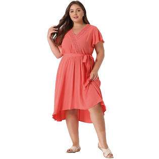 Unique Bargains Women's Plus Size Summer Dress Boho V Neck Short Sleeve High Low a Line Unique Bargains Women's Plus Size Summer Dress Boho V Neck Short Sleeve High Low a Line