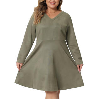Unique Bargains Plus Size for Women Dress Faux Suede V Neck Long Sleeve A-Line Dress 2023 Green 2X Unique Bargains Plus Size for Women Dress Faux Suede V Neck Long Sleeve A-Line Dress 2023 Green 2X