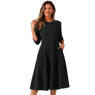 Unique Bargains Women's Elegant Work Dress 3/4 Sleeve Pleated Round Neck A-Line Swing Midi Dress Black XL Unique Bargains Women's Elegant Work Dress 3/4 Sleeve Pleated Round Neck A-Line Swing Midi Dress Black XL