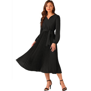 Unique Bargains Elegant Pleated Swing Dress for Women's Solid Sleeveless V-Neck Long Sleeve Work Dress Black M Unique Bargains Elegant Pleated Swing Dress for Women's Solid Sleeveless V-Neck Long Sleeve Work Dress Black M