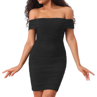 Unique Bargains Ruched Bodycon Dress for Women's Off-Shoulder Party Cocktail Dress Black M Unique Bargains Ruched Bodycon Dress for Women's Off-Shoulder Party Cocktail Dress Black M