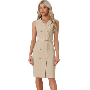 Unique Bargains Women's Sleeveless Notched Lapel Double Breasted Belted Work Office Dress Blazer Dresses Khaki M Unique Bargains Women's Sleeveless Notched Lapel Double Breasted Belted Work Office Dress Blazer Dresses Khaki M
