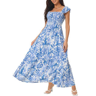 Unique Bargains Women's Summer Boho Smocked Beach Dresses Square Neck Ruffle Cap Sleeve Floral Flowy Tiered Maxi Sundress Blue S Unique Bargains Women's Summer Boho Smocked Beach Dresses Square Neck Ruffle Cap Sleeve Floral Flowy Tiered Maxi Sundress Blue S