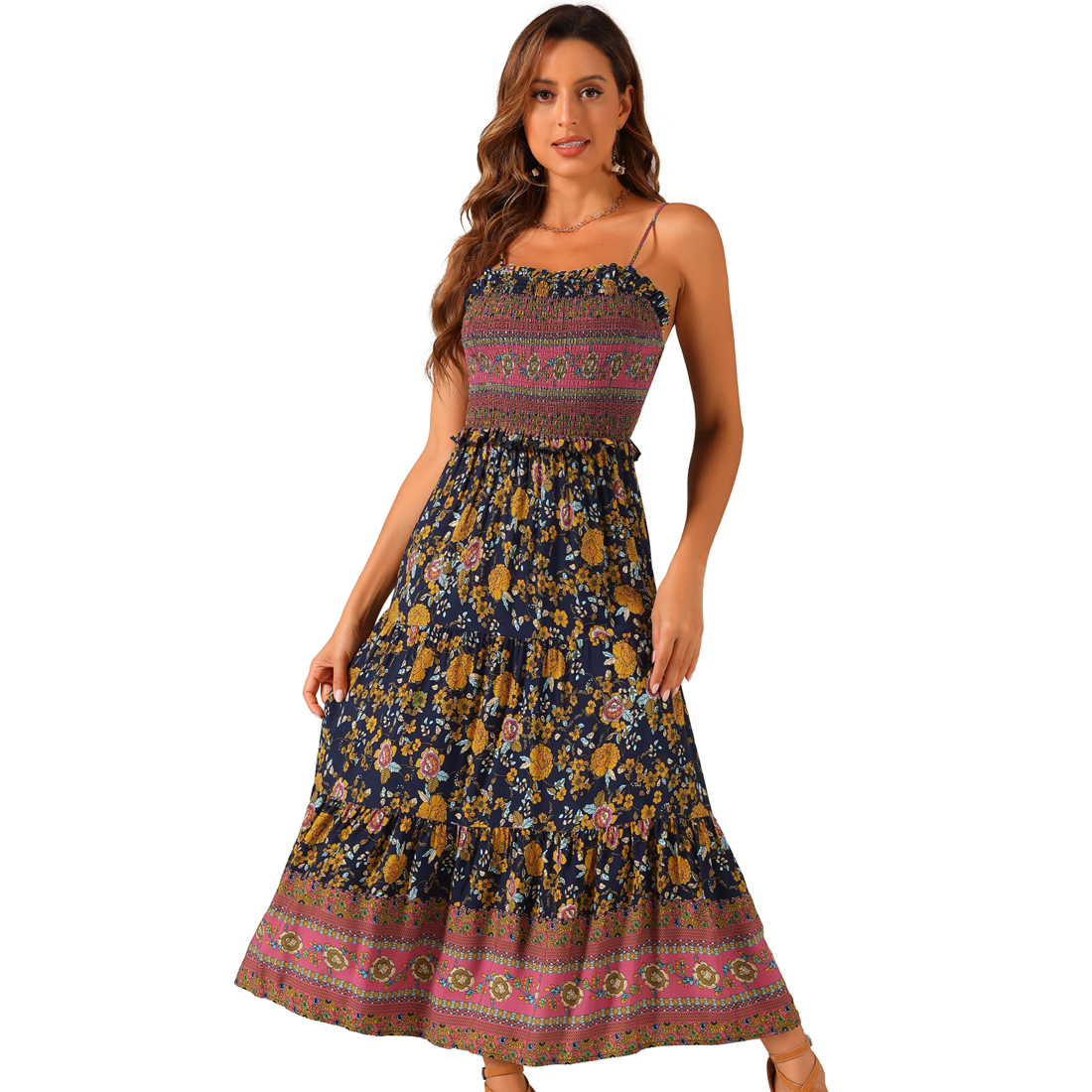 slim fit dress slacks ZESICA Women's Summer Boho Floral Sleeveless Midi Dress 2026 V Neck El –  zesica main image 1