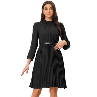 Unique Bargains Women's Work Shirt Dress Long Sleeve Pleated Midi Dress Black XL Unique Bargains Women's Work Shirt Dress Long Sleeve Pleated Midi Dress Black XL