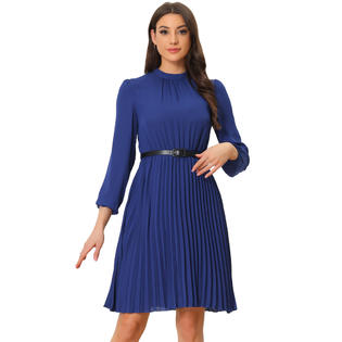 Unique Bargains Women's Work Shirt Dress Long Sleeve Pleated Midi Dress Royal Blue L Unique Bargains Women's Work Shirt Dress Long Sleeve Pleated Midi Dress Royal Blue L