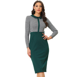 Unique Bargains Business Dress for Houndstooth Print Women's Long Sleeve Contrast Placket Bodycon Dress with Belt Unique Bargains Business Dress for Houndstooth Print Women's Long Sleeve Contrast Placket Bodycon Dress with Belt