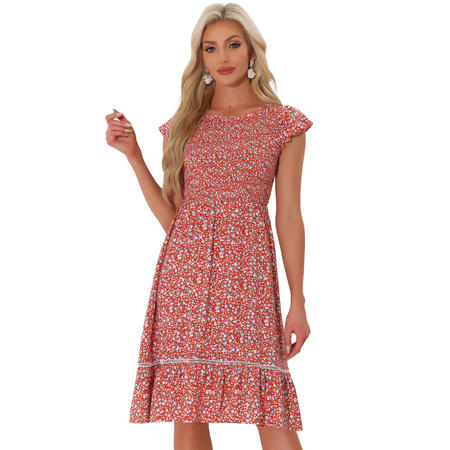 Unique Bargains Women's Fit and Flare Summer Floral Midi Smocked Dress Red XL Unique Bargains Women's Fit and Flare Summer Floral Midi Smocked Dress Red XL
