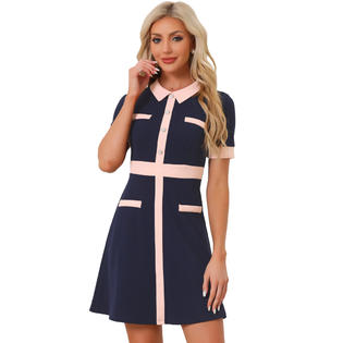 Unique Bargains Women's Vintage Work Dress Contrast Color Fit and Flare Dresses Dark Blue S Unique Bargains Women's Vintage Work Dress Contrast Color Fit and Flare Dresses Dark Blue S